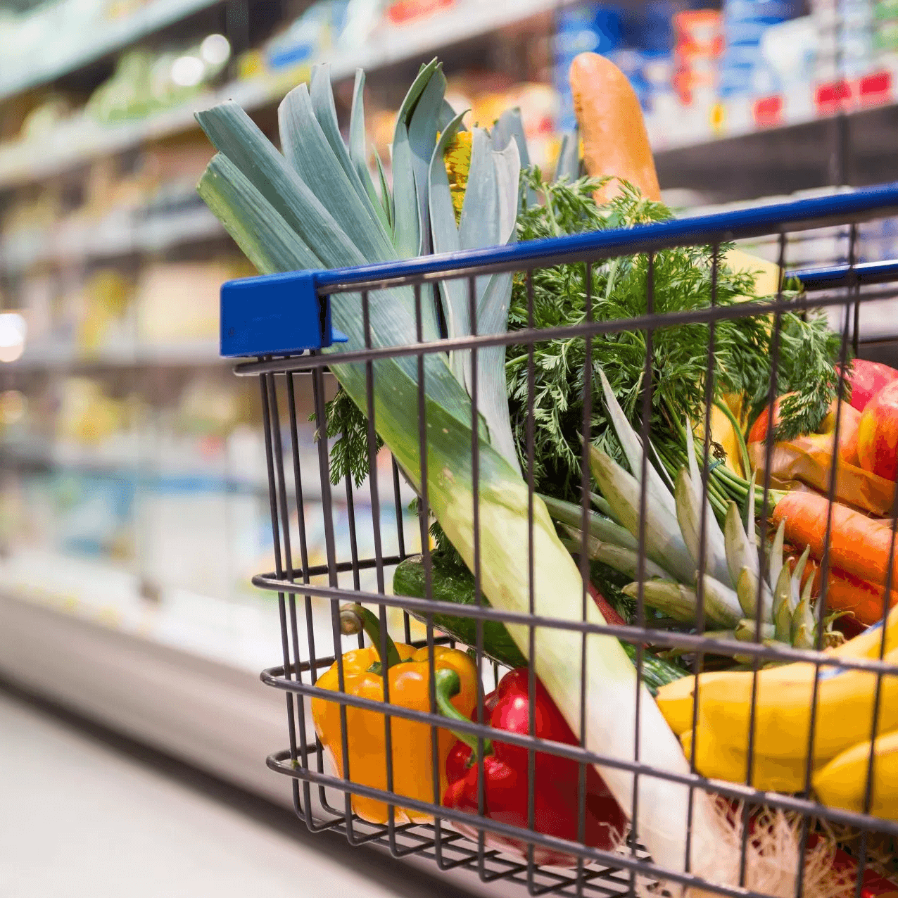 Einkaufskorb im Supermarkt mit frischem Obst und Gemüse wie Lauch, Ananas, Karotten und Paprika vor einem Kühlregal.